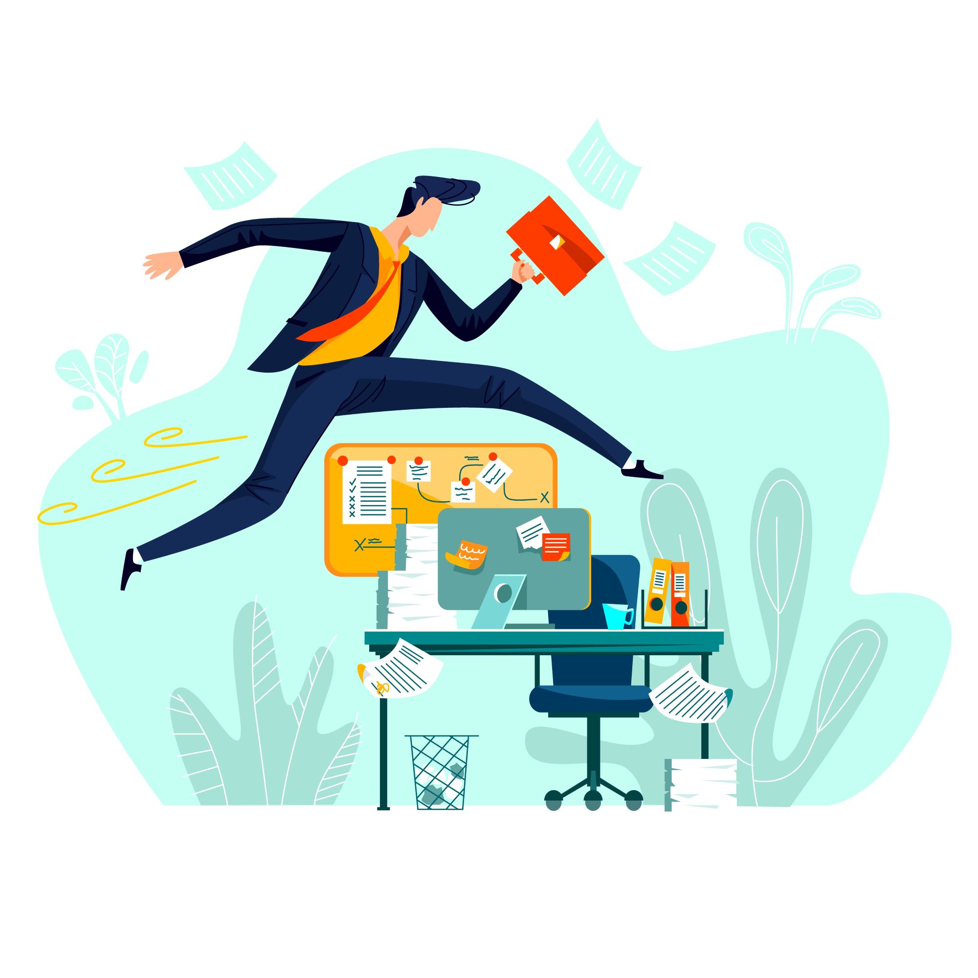 Illustration of a business man holding a briefcase leaping over an office desk